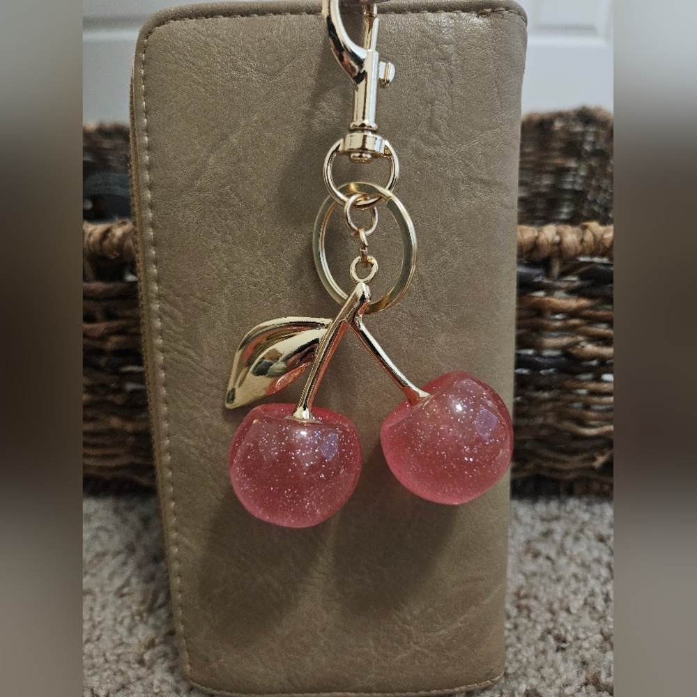Pink Cherry Keychain with Gold Accents